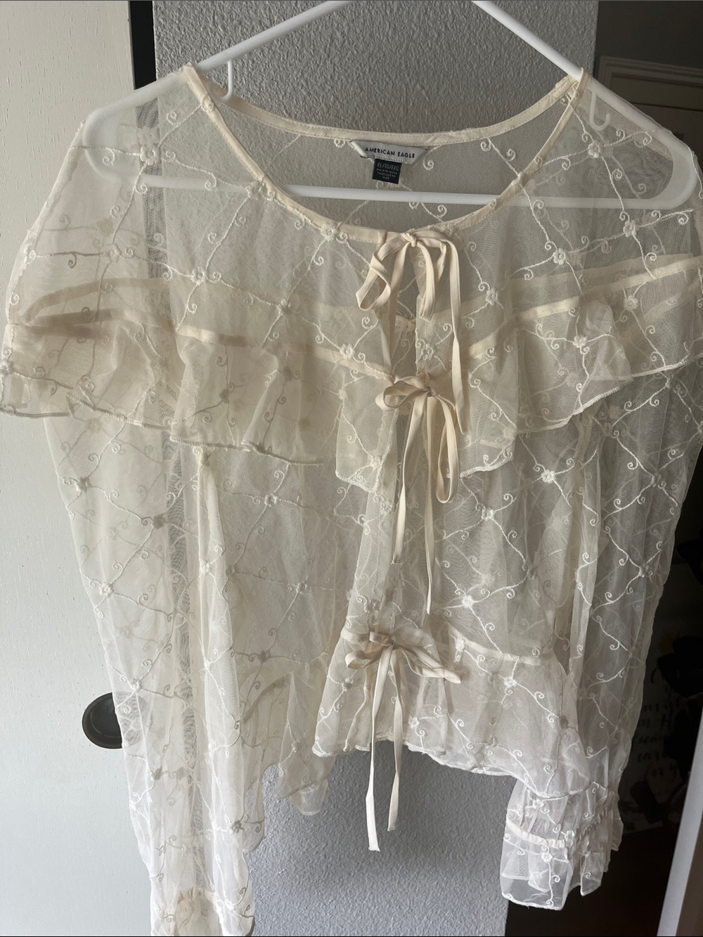 American Eagle Outfitters Cream Sheer Embroidered Ruffle Tie Blouse
